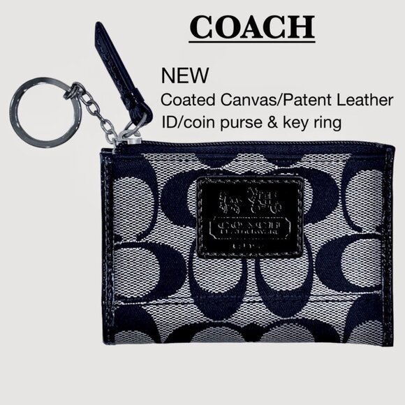 Coach NEW Leather and Jacquard Mini Skinny ID/Coin Purse/Key Ring - Picture 1 of 8
